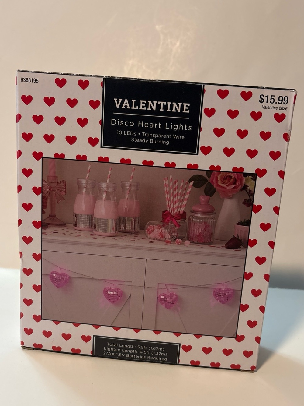 Pink Disco Hearts String Lights 10 LED 5.5ft Valentine home party decor new